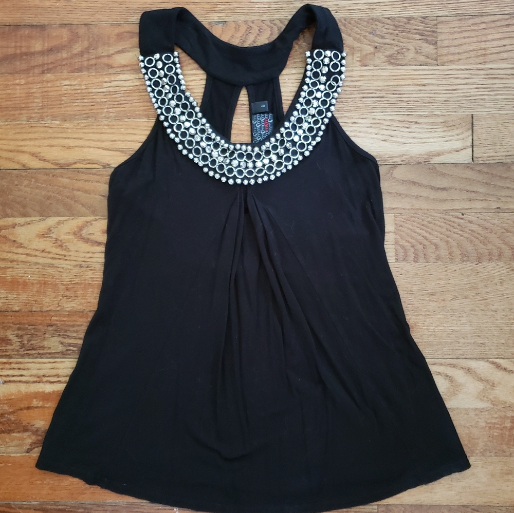 MCM Sleeveless Blouse Size Small Black Beaded Collar Keyhole Back Goth Evening